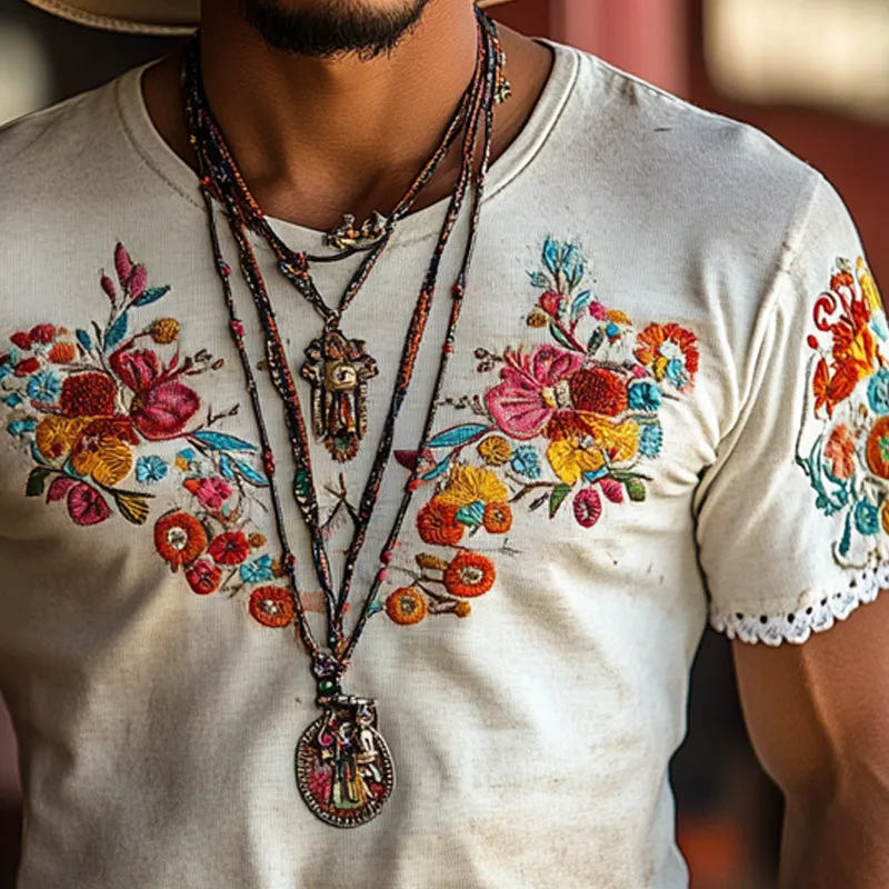 Men's Vintage Embroidered Round Neck Short Sleeve T-Shirt MTA2034E3X sold by Manly product image thumbnail 3