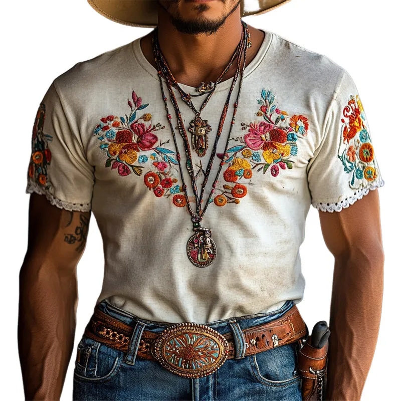 Men's Vintage Embroidered Round Neck Short Sleeve T-Shirt MTA2034E3X sold by Manly