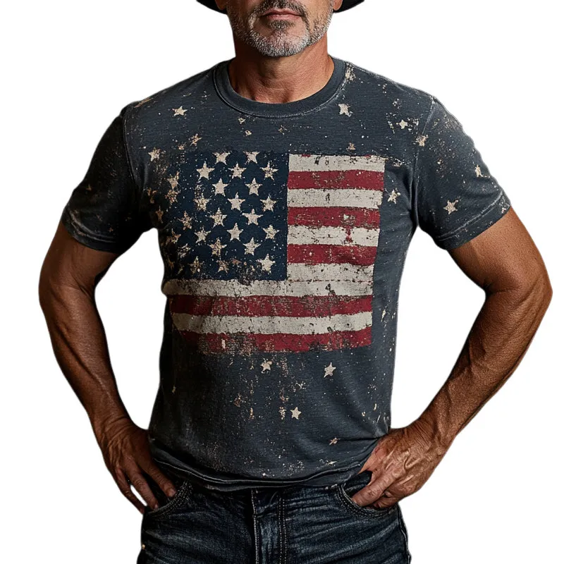 Men's American Flag Vintage Print Crew Neck Short Sleeve T-Shirt MTA2087E8X sold by Manly