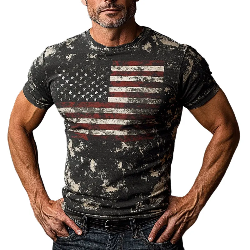 Men's Summer American Flag Printed Crew Neck Short Sleeve T-Shirt MTA2091E5X sold by Manly