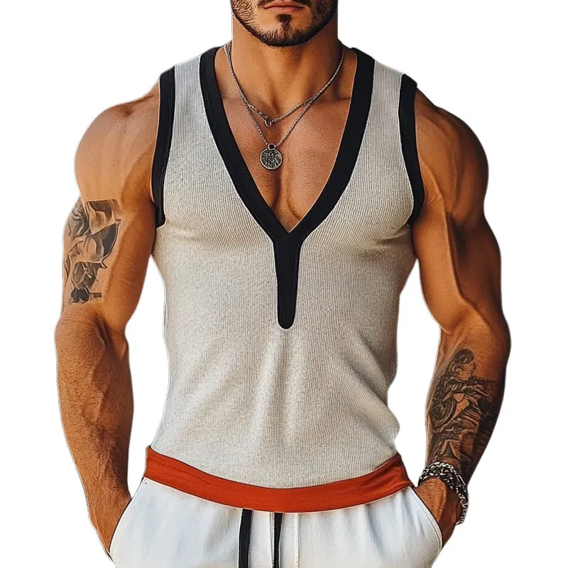 Men's Summer Casual Contrast Color Knitted V-Neck Tank Tops MTA2224E3X sold by Manly