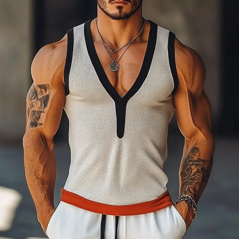 Men's Summer Casual Contrast Color Knitted V-Neck Tank Tops MTA2224E3X sold by Manly product image thumbnail 2