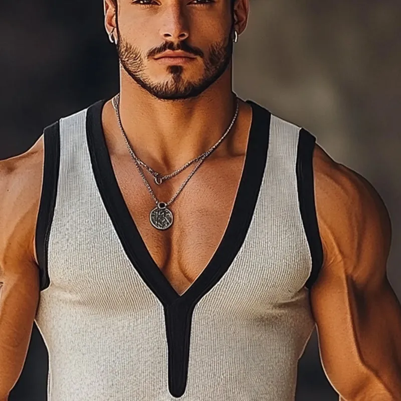 Men's Summer Casual Contrast Color Knitted V-Neck Tank Tops MTA2224E3X sold by Manly product image thumbnail 3