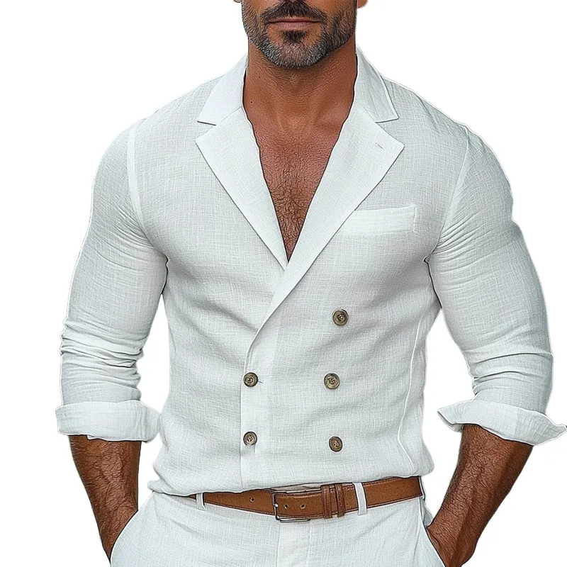 Men's Cotton And Linen Solid Color Suit Collar Double-Breasted Thin Long-Sleeved Shirt MTA2262E0X sold by Manly
