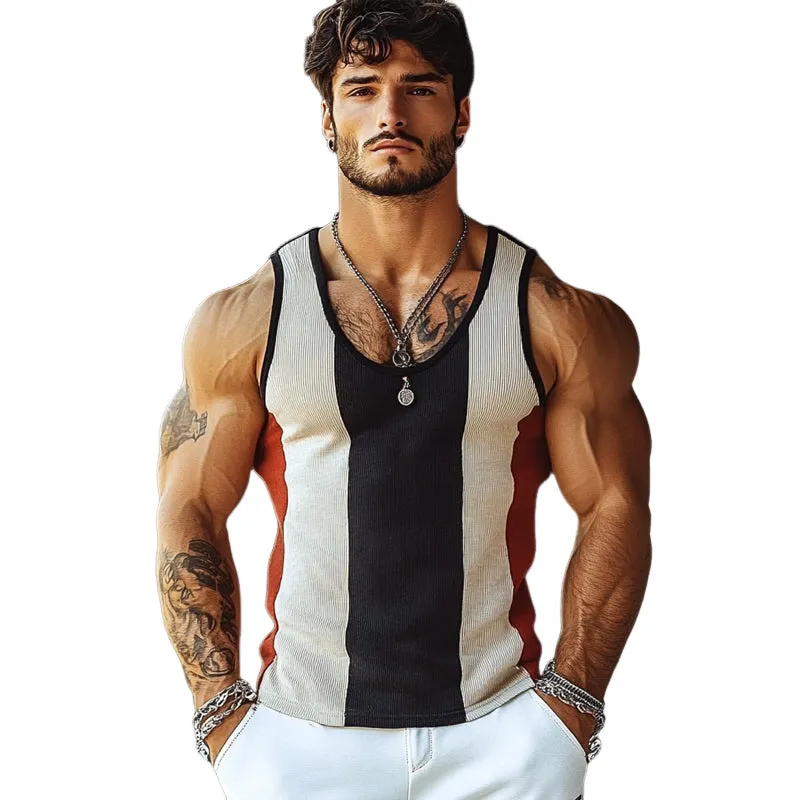 Men's Contrast Stripe Crew Neck Knit Slim Fit Tank Tops MTA2293E8X sold by Manly