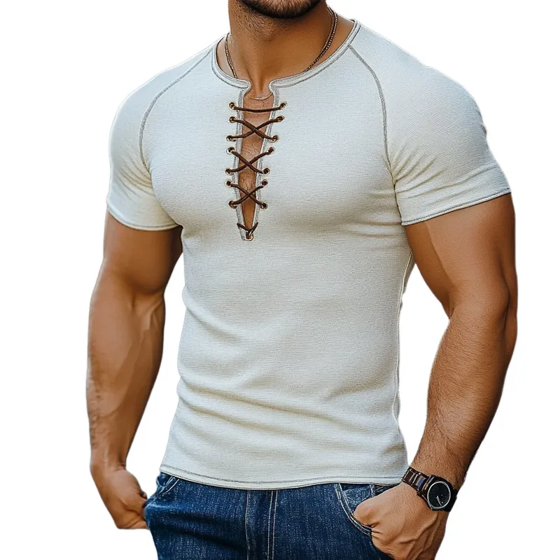 Men's Lace-up Slim Fit Solid Color Waffle Short Sleeve T-Shirt MTA2294E2X sold by Manly