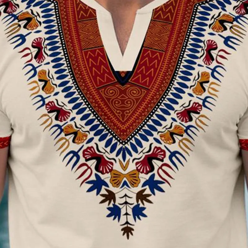 Men's Summer Ethnic Style Printed V-Neck Cotton And Linen Short-Sleeved T-Shirt MTA2213E7P sold by Manly product image thumbnail 3