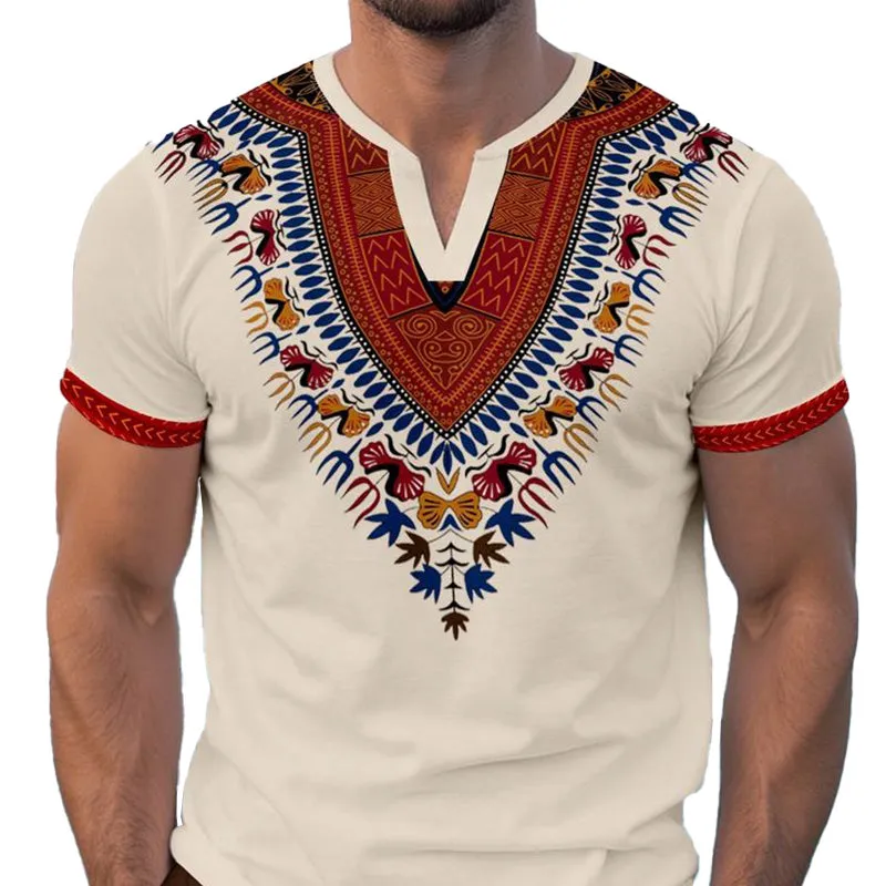Men's Summer Ethnic Style Printed V-Neck Cotton And Linen Short-Sleeved T-Shirt MTA2213E7P sold by Manly
