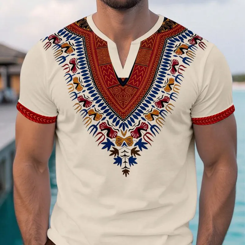 Men's Summer Ethnic Style Printed V-Neck Cotton And Linen Short-Sleeved T-Shirt MTA2213E7P sold by Manly product image thumbnail 2