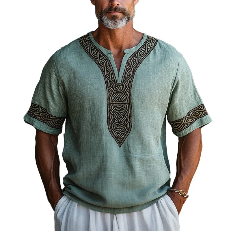 Men's Summer Retro Ethnic Style Embroidered Linen Short Sleeve T-shirt MTA2201E9P sold by Manly
