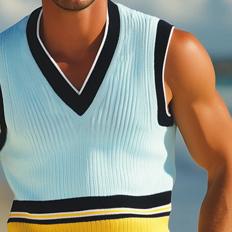 Men's Summer V-neck Fashionable Colorblock Knitted Tank Top MTA2265E9U sold by Manly product image thumbnail 4