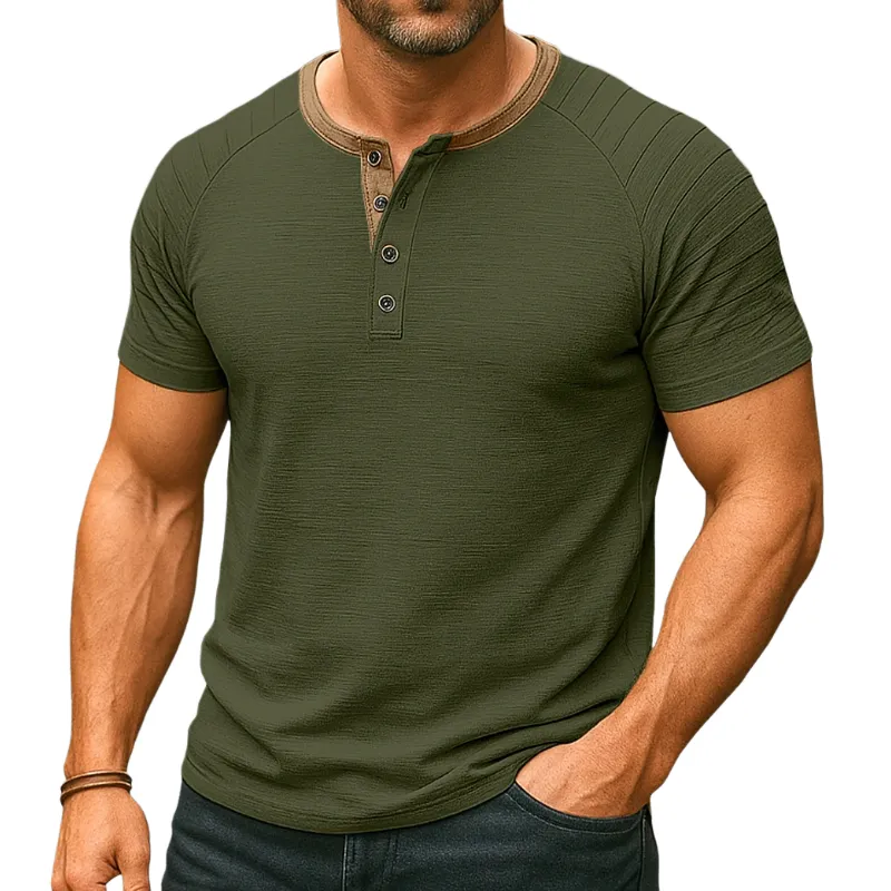Men's Casual Breathable Cotton Contrast Color Patchwork Henley Collar Slim Fit Short Sleeve T-shirt MTA2186E6M sold by Manly