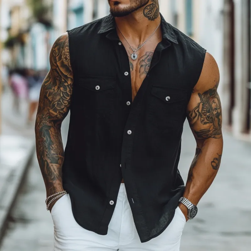 Men's Casual Breathable Cotton Lapel Chest Pocket Slim Fit Sleeveless Shirt MTA1633E0M sold by Manly product image thumbnail 3