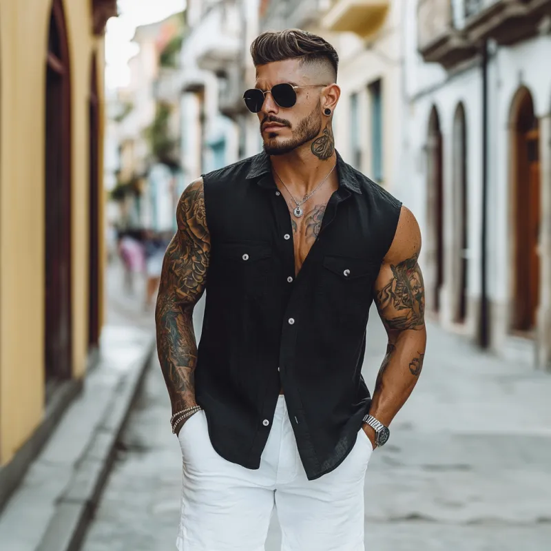 Men's Casual Breathable Cotton Lapel Chest Pocket Slim Fit Sleeveless Shirt MTA1633E0M sold by Manly product image thumbnail 4