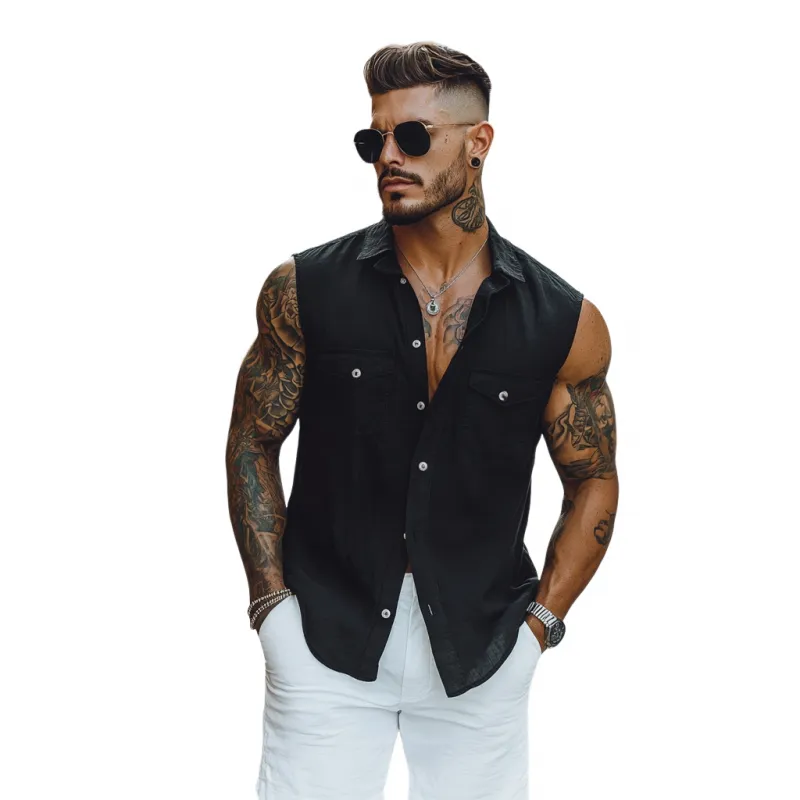 Men's Casual Breathable Cotton Lapel Chest Pocket Slim Fit Sleeveless Shirt MTA1633E0M sold by Manly product image thumbnail 2