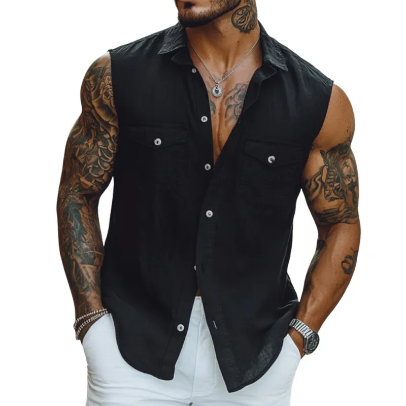 Men's Casual Breathable Cotton Lapel Chest Pocket Slim Fit Sleeveless Shirt MTA1633E0M sold by Manly