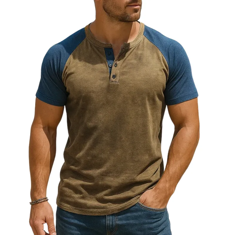 Men's Casual Breathable Cotton Colorblock Patchwork Henley Collar Slim Fit Short Sleeve T-shirt MTA2152E6M sold by Manly