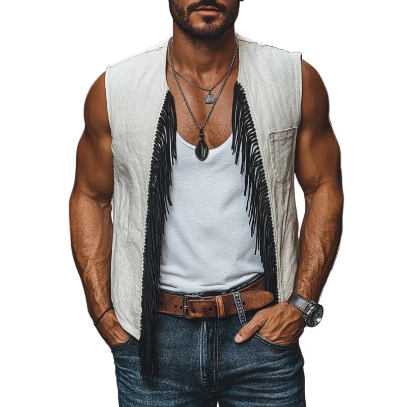 Men's Bohemian Linen Patch Pocket Tassel Panel Loose Vest MTA2181E2M sold by Manly