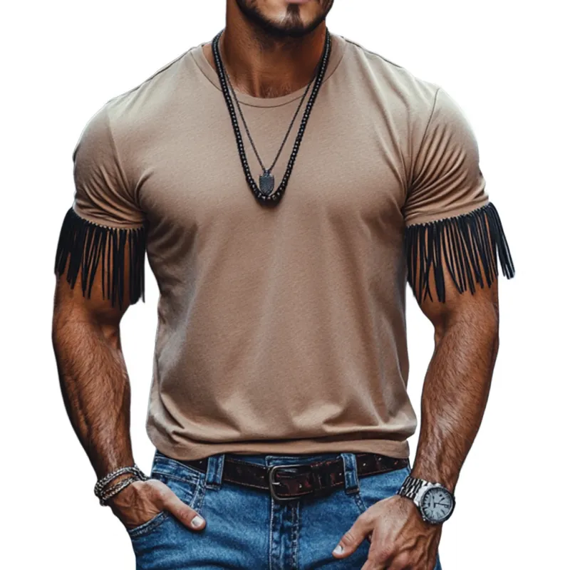 Men's Casual Breathable Cotton Round Collar Cuffs Tassel Slim Fit Short Sleeve T-shirt MTA2192E0M sold by Manly