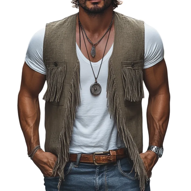 Men's Bohemian Linen V-Neck Patch Pocket Tassel Stitching Loose Vest MTA2129E5M sold by Manly