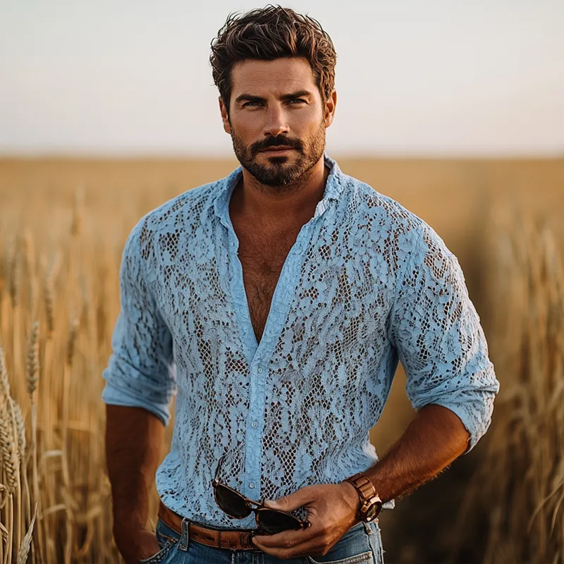 Men's Fashion Lace Stand Collar Long Sleeve Casual Shirt MTA2185E8Z sold by Manly product image thumbnail 3