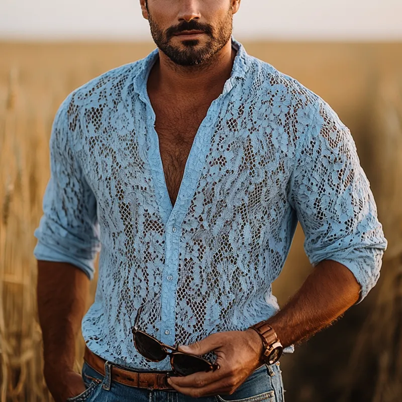 Men's Fashion Lace Stand Collar Long Sleeve Casual Shirt MTA2185E8Z sold by Manly product image thumbnail 2