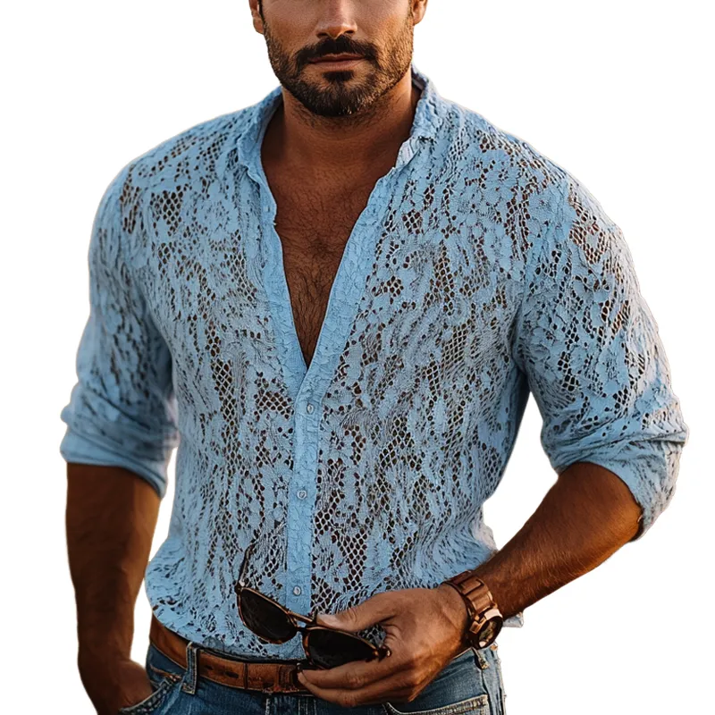 Men's Fashion Lace Stand Collar Long Sleeve Casual Shirt MTA2185E8Z sold by Manly