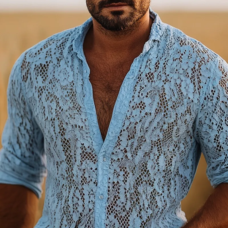 Men's Fashion Lace Stand Collar Long Sleeve Casual Shirt MTA2185E8Z sold by Manly product image thumbnail 4