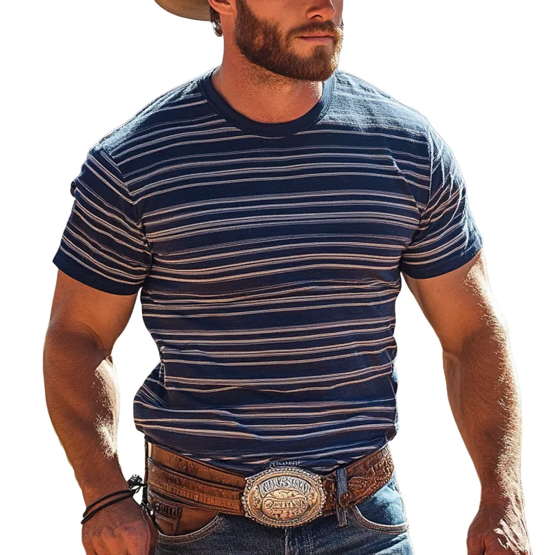 Men's Western Cowboy Style Round Neck Short Sleeve Striped T-shirt MTA2037E7Z sold by Manly