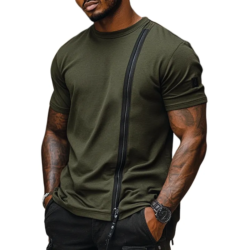 Men's Solid Loose Zip Decor Round Neck Short Sleeve T-shirt MTA2078E1Z sold by Manly