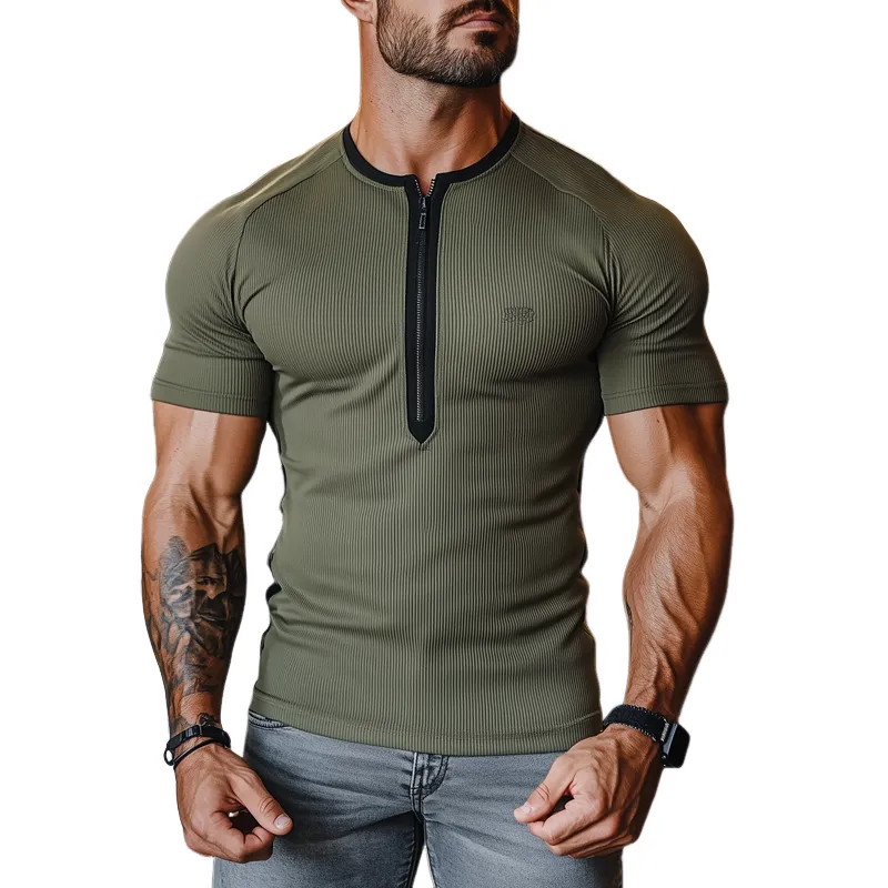 Men's Solid Striped Half Zipper Collar Short Sleeve T-shirt MTA2087E4Z sold by Manly