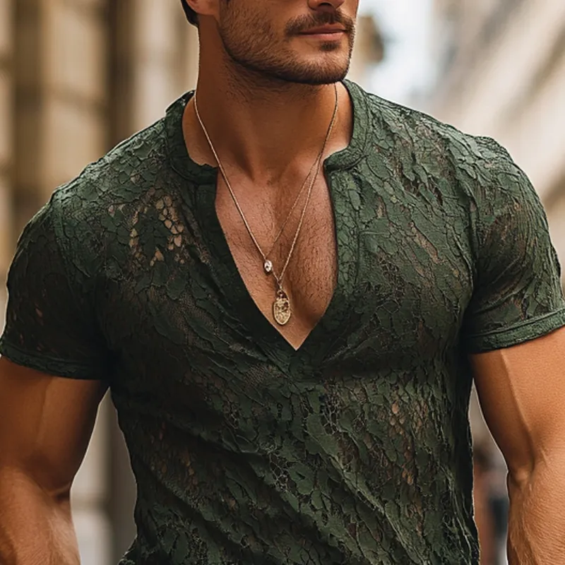 Men's Fashion Lace V Neck Short Sleeve T-shirt MTA2024E7Z sold by Manly product image thumbnail 4