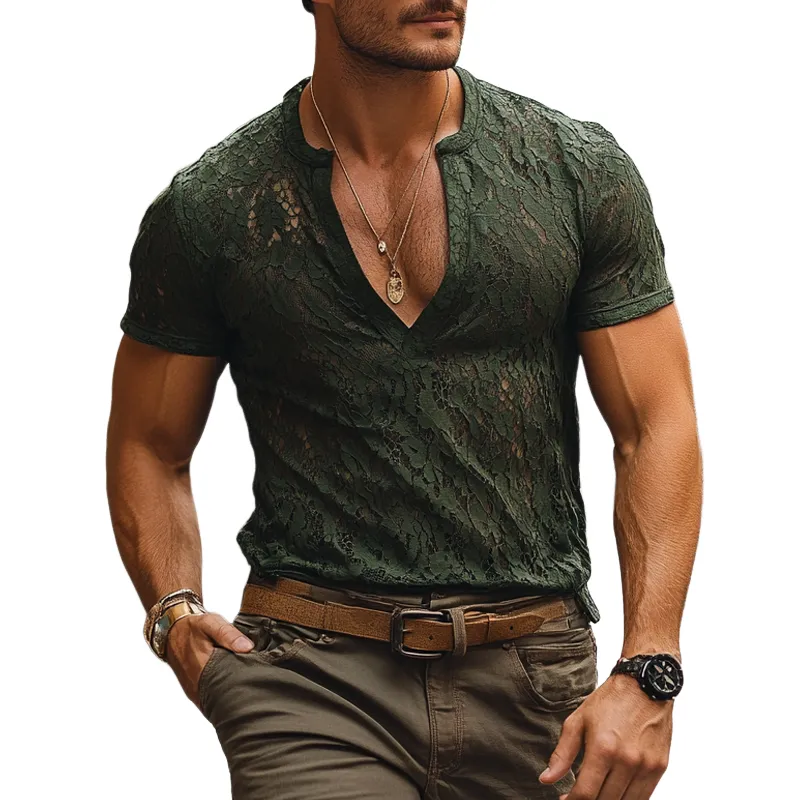 Men's Fashion Lace V Neck Short Sleeve T-shirt MTA2024E7Z sold by Manly