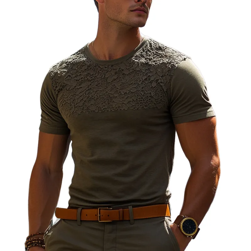 Men's Fashion Lace Round Neck Short Sleeve T-shirt MTA2079E8Z sold by Manly