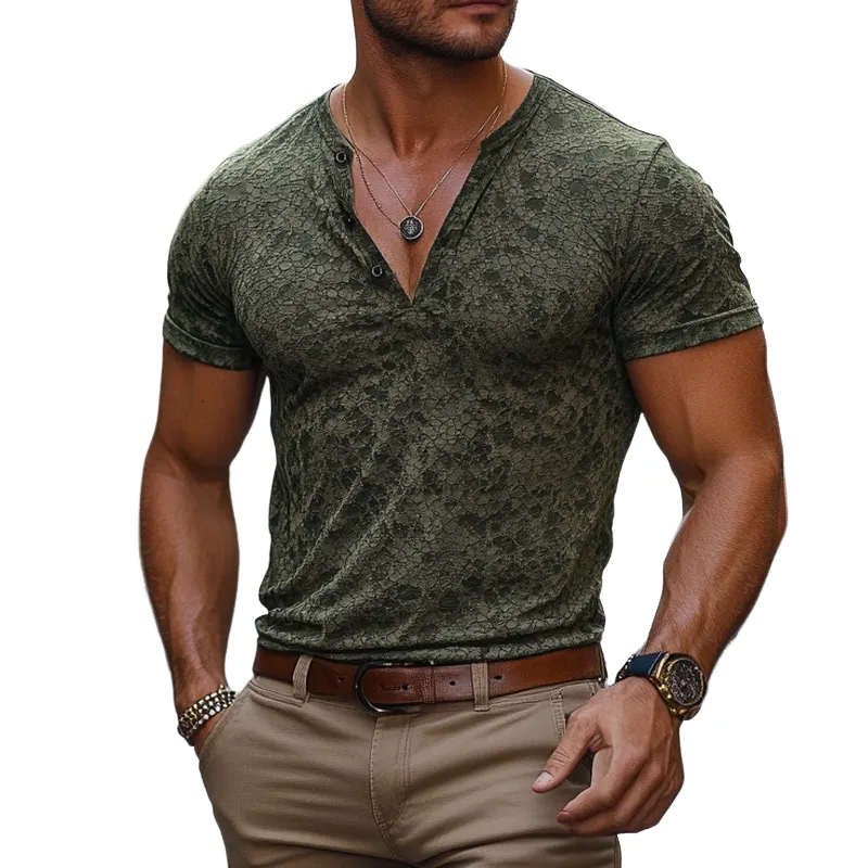 Men's Fashion Print Henley Collar Short Sleeve T-shirt MTA2071E3Z sold by Manly