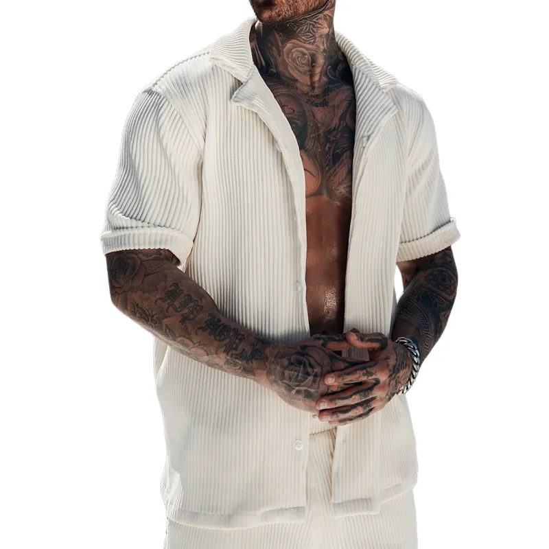 Men's Retro Casual Solid Color Striped Lapel Short Sleeve Shirt MTA2075E7TO sold by Manly