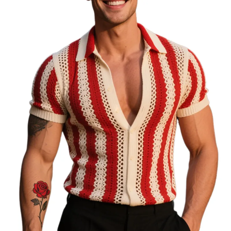 Men's Retro Casual Striped Slim Fit Knit Lapel Short Sleeve Shirt MTA2076E6TO sold by Manly