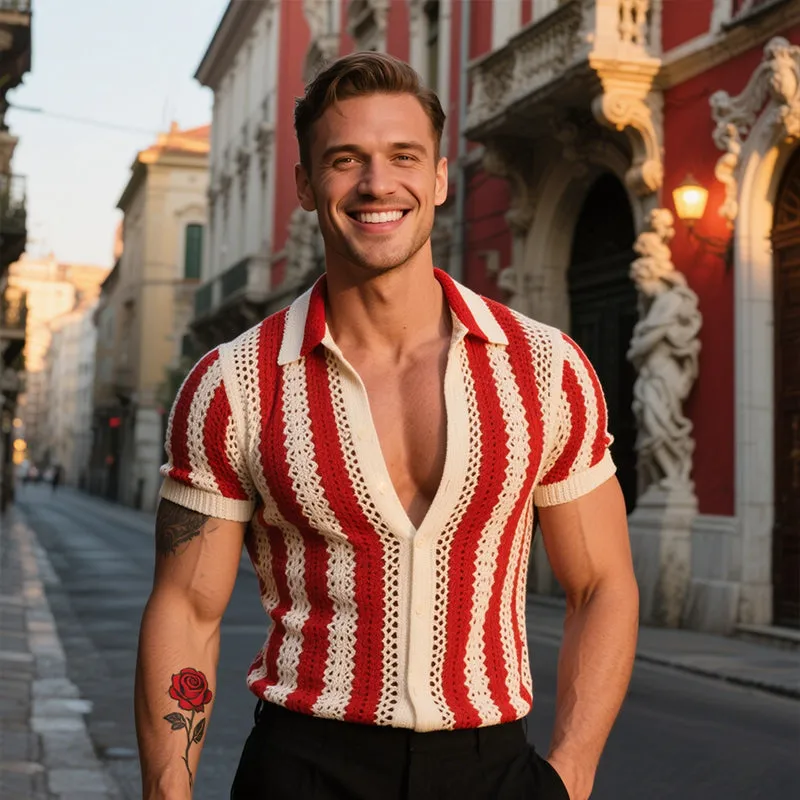 Men's Retro Casual Striped Slim Fit Knit Lapel Short Sleeve Shirt MTA2076E6TO sold by Manly product image thumbnail 3