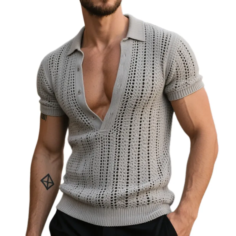 Men's Retro Casual Solid Color Hollow Knit Polo Shirt MTA2027E6TO sold by Manly