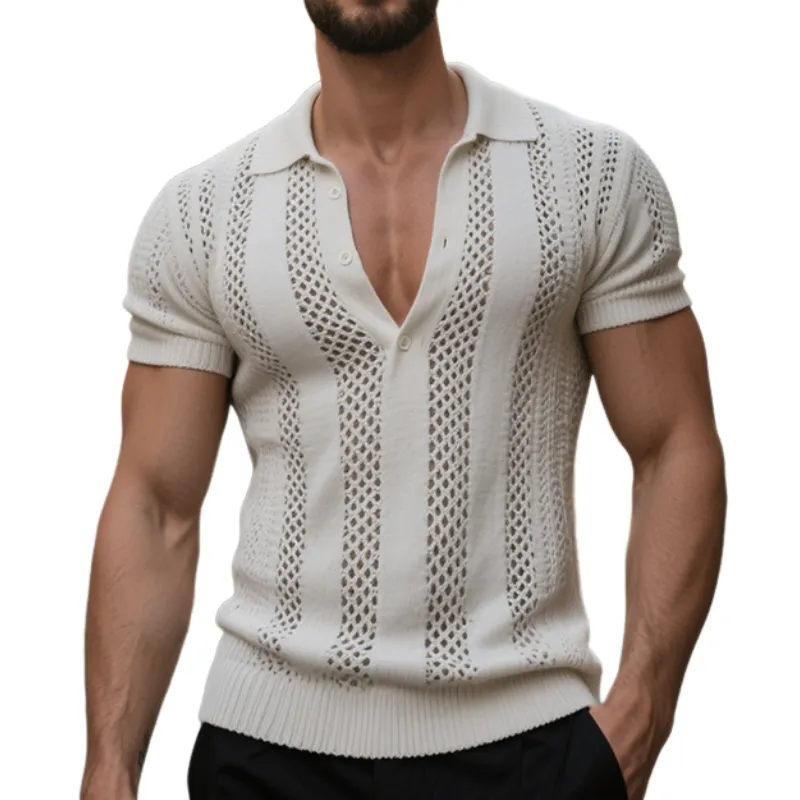 Men's Retro Casual Solid Color Hollow Knit Polo Shirt  MTA2037E4TO sold by Manly