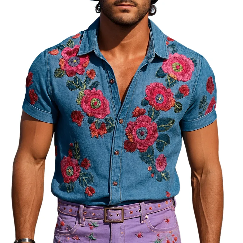 Men's Retro Casual Washed Denim Embroidered Lapel Short Sleeve Shirt MTA2051E4TO sold by Manly