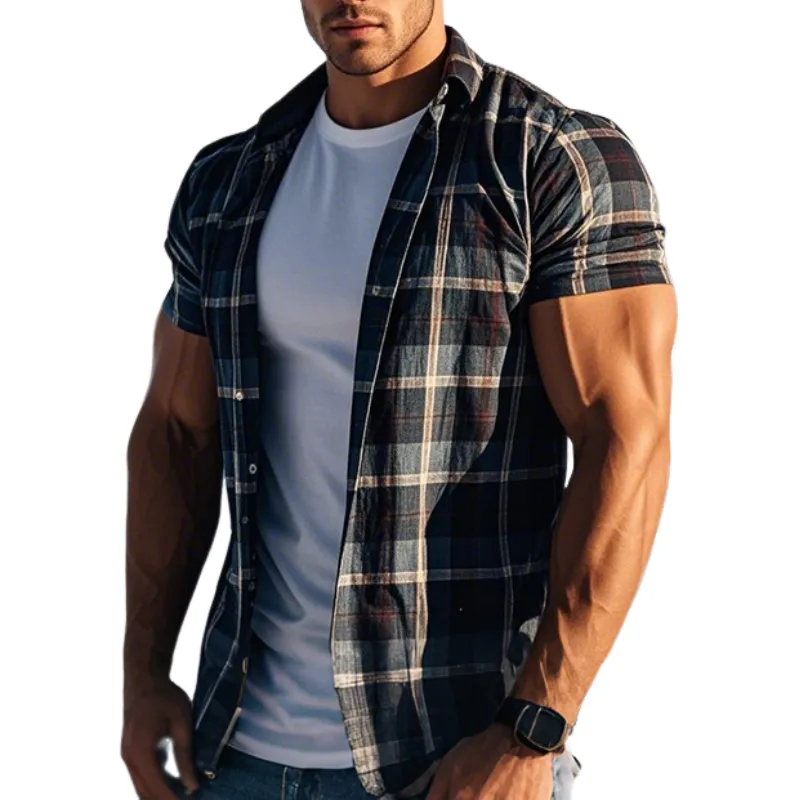 Men's Retro Casual Plaid Print Lapel Short Sleeve Shirt MTA2167E3TO sold by Manly