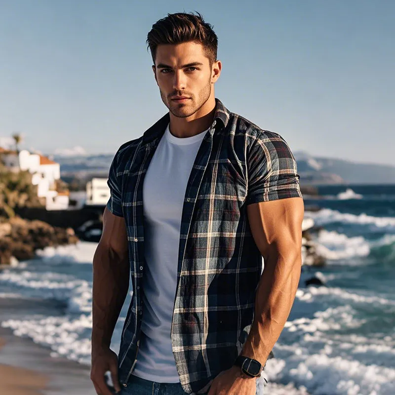 Men's Retro Casual Plaid Print Lapel Short Sleeve Shirt MTA2167E3TO sold by Manly product image thumbnail 3