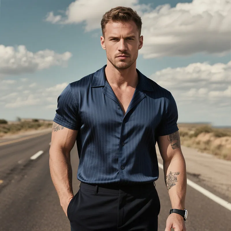 Men's Retro Casual Striped Printed Satin Lapel Short Sleeve Shirt MTA2168E1TO sold by Manly product image thumbnail 3