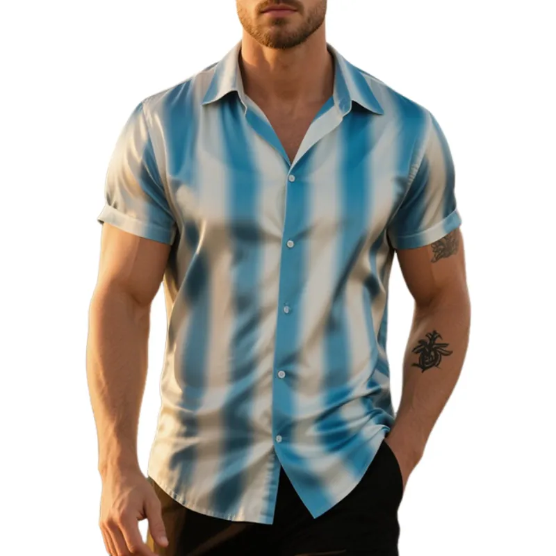 Men's Retro Casual Striped Printed Satin Lapel Short Sleeve Shirt MTA2131E3TO sold by Manly