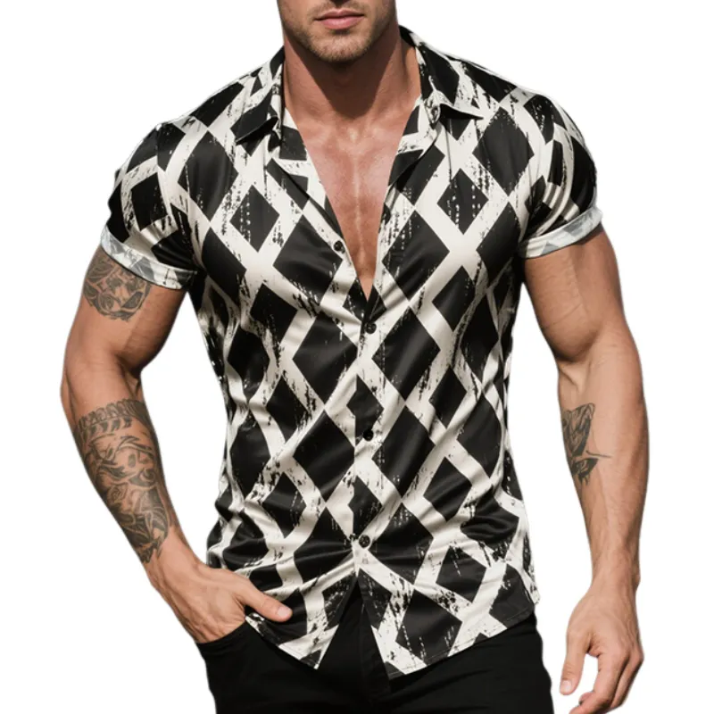 Men's Retro Casual Geometric Diamond Print Satin Lapel Short Sleeve Shirt MTA2137E2TO sold by Manly
