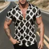 Men's Retro Casual Geometric Diamond Print Satin Lapel Short Sleeve Shirt MTA2137E2TO sold by Manly