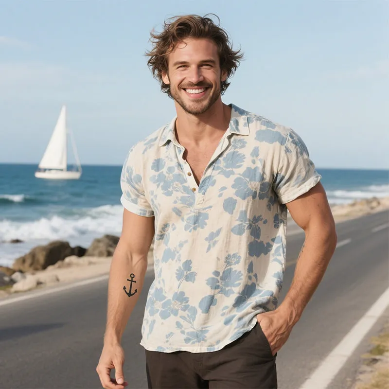 Men's Vintage Casual Floral Print Cotton Lapel Short Sleeve Shirt MTA2196E7TO sold by Manly product image thumbnail 3