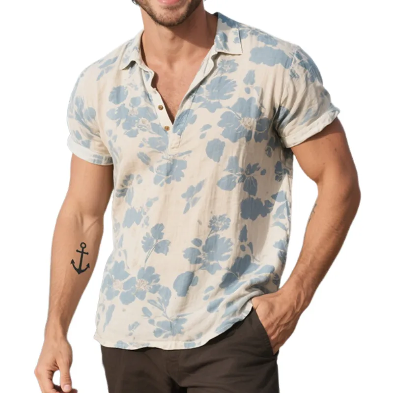 Men's Vintage Casual Floral Print Cotton Lapel Short Sleeve Shirt MTA2196E7TO sold by Manly