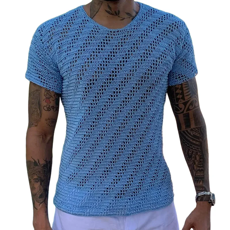 Men's Retro Casual Solid Color Knitted Round Neck Short Sleeve T-Shirt MTA2085E8TO sold by Manly
